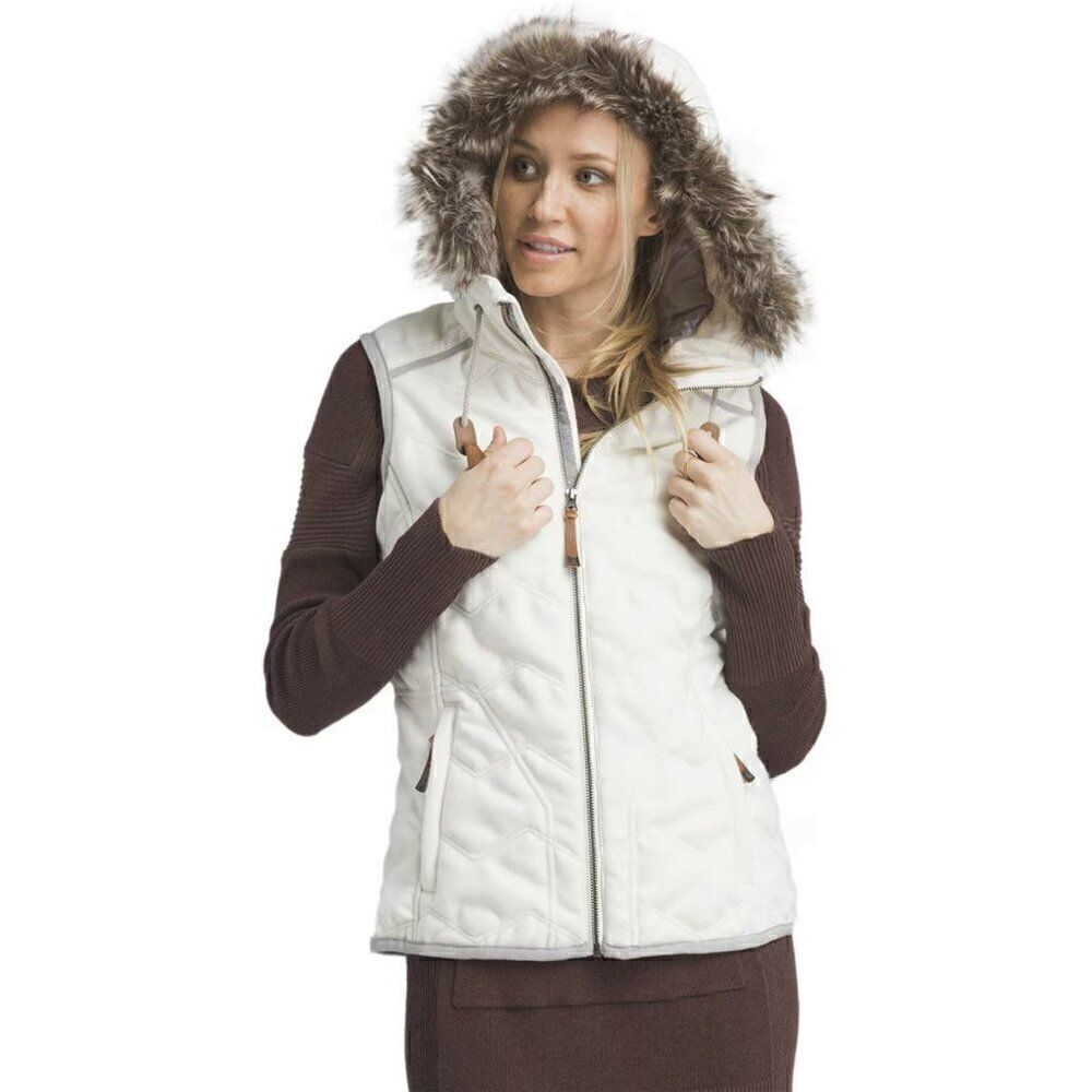 prAna Calla Hooded Wool Blend Winter Insulated Vest Faux Fur- Women's Size L NWT